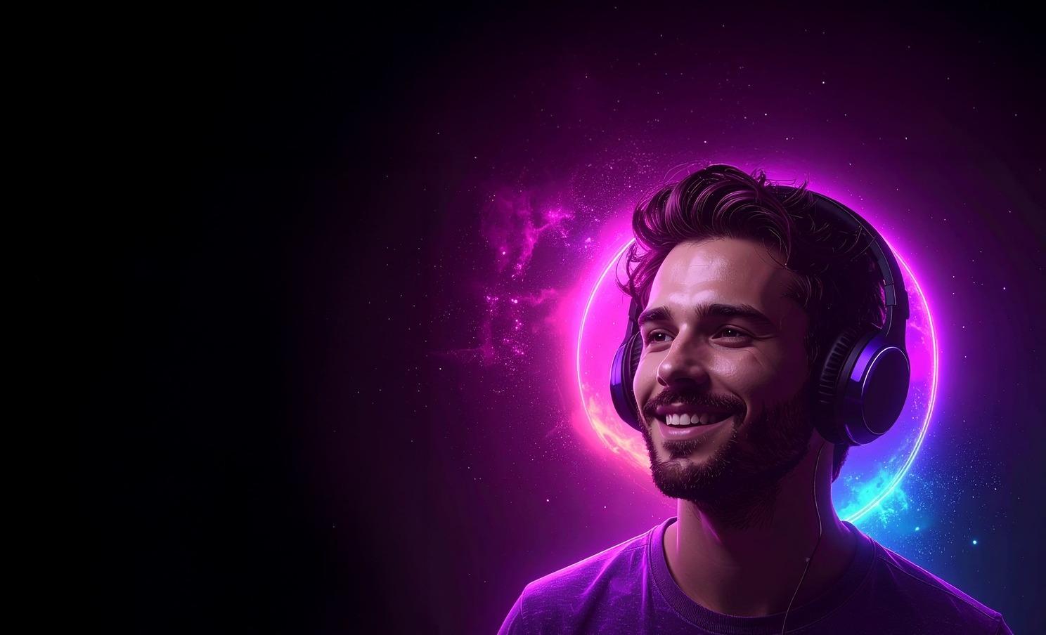 Homme avec un casque dans un univers spatial