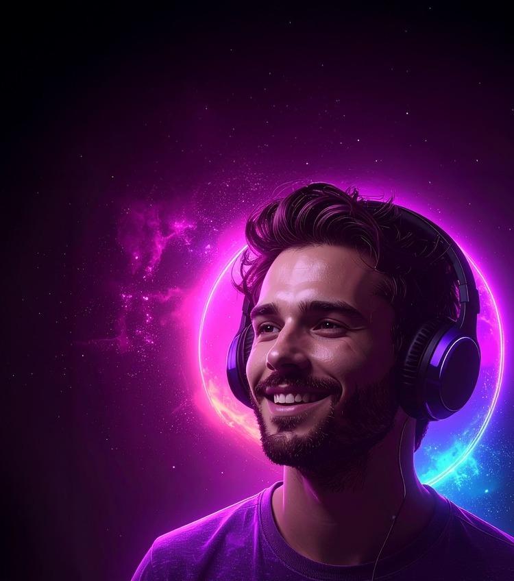 Homme avec un casque dans un univers spatial